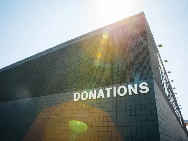 Gateway Store building at donations sign